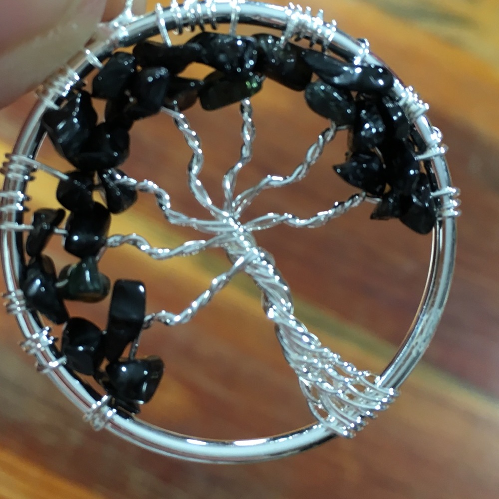 Black Tourmaline Tree of Life Pendant - natural